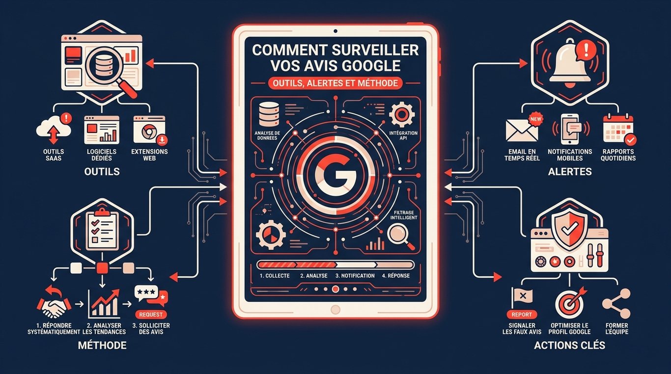 Schéma de surveillance des avis Google : outils SaaS, alertes email, méthode en 4 étapes et actions clés