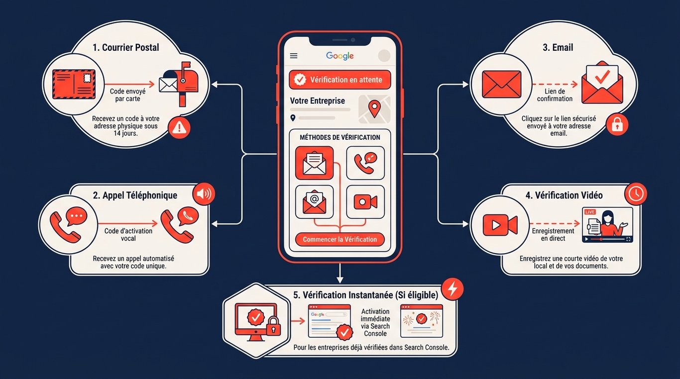 Schéma des 5 méthodes pour vérifier sa fiche Google : courrier, appel, email, vidéo et vérification instantanée