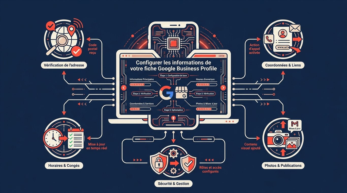 Schéma des 5 sections clés d'une fiche Google Business Profile : vérification, horaires, sécurité, photos et coordonnées