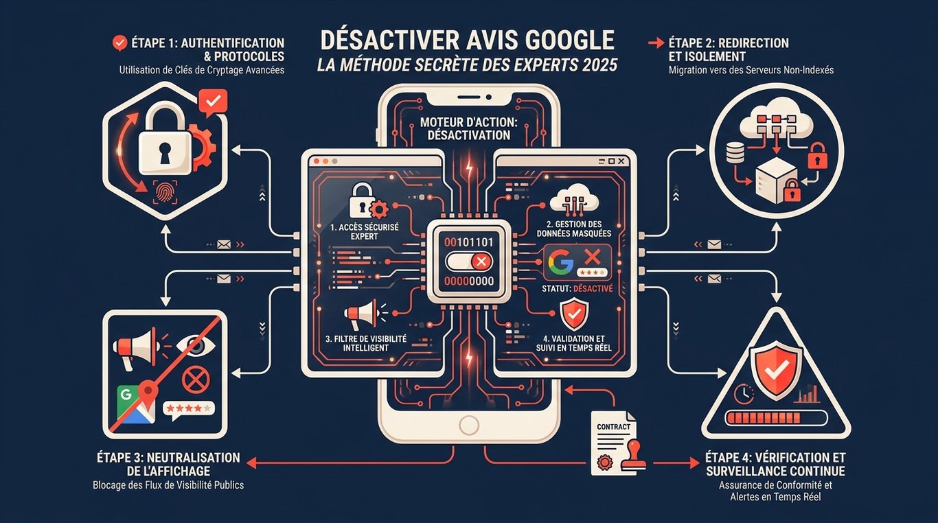 Infographie en 4 étapes pour désactiver les avis Google : authentification, redirection serveurs, neutralisation affichage, vérification continue.