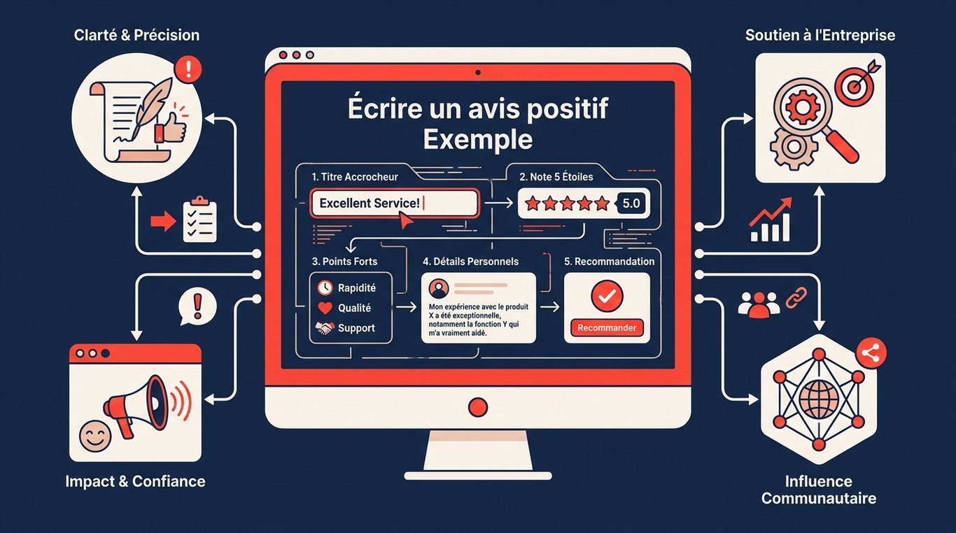 Infographie sur la rédaction d'un avis positif : titre, note 5 étoiles, points forts, détails personnels et recommandation, avec bénéfices associés.