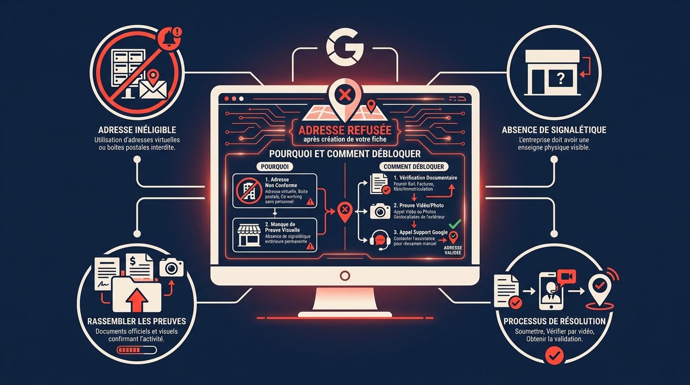 Infographie expliquant pourquoi Google refuse une adresse et les étapes pour débloquer sa fiche
