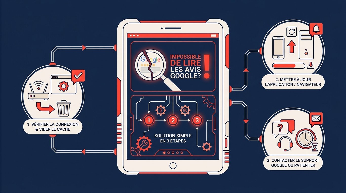 Infographie : 3 étapes pour résoudre l'impossibilité de lire les avis Google - vérifier connexion, mettre à jour, contacter le support