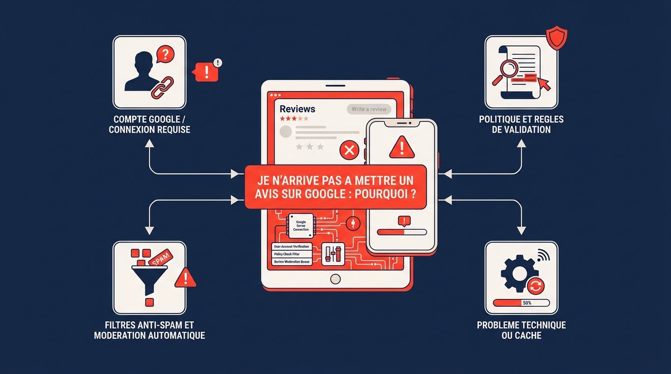 Infographie sur les causes des problèmes pour poster un avis Google : compte requis, filtres anti-spam, politique de validation, problème technique