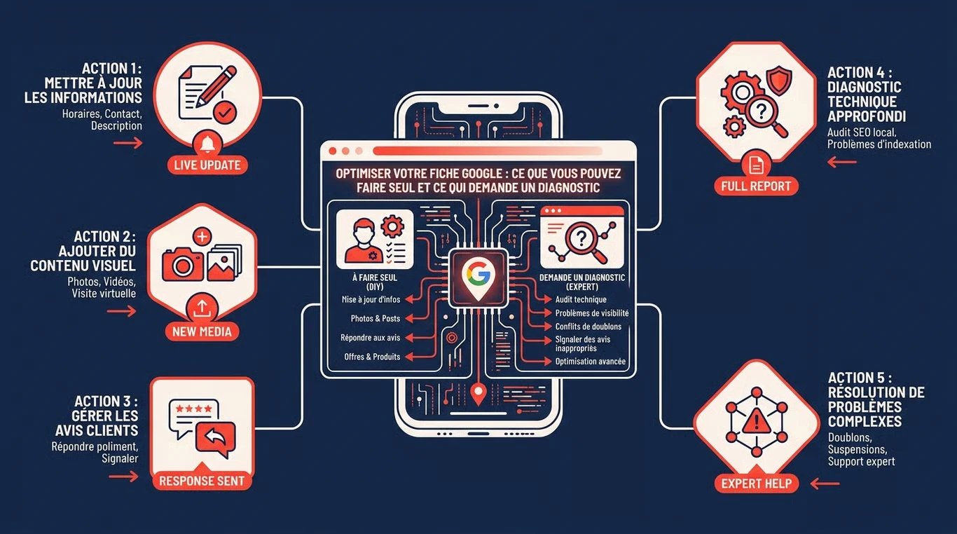 Infographie : optimiser sa fiche Google, ce qui se fait seul (informations, photos, avis) et ce qui demande un diagnostic (audit technique, visibilité, doublons, suspensions)