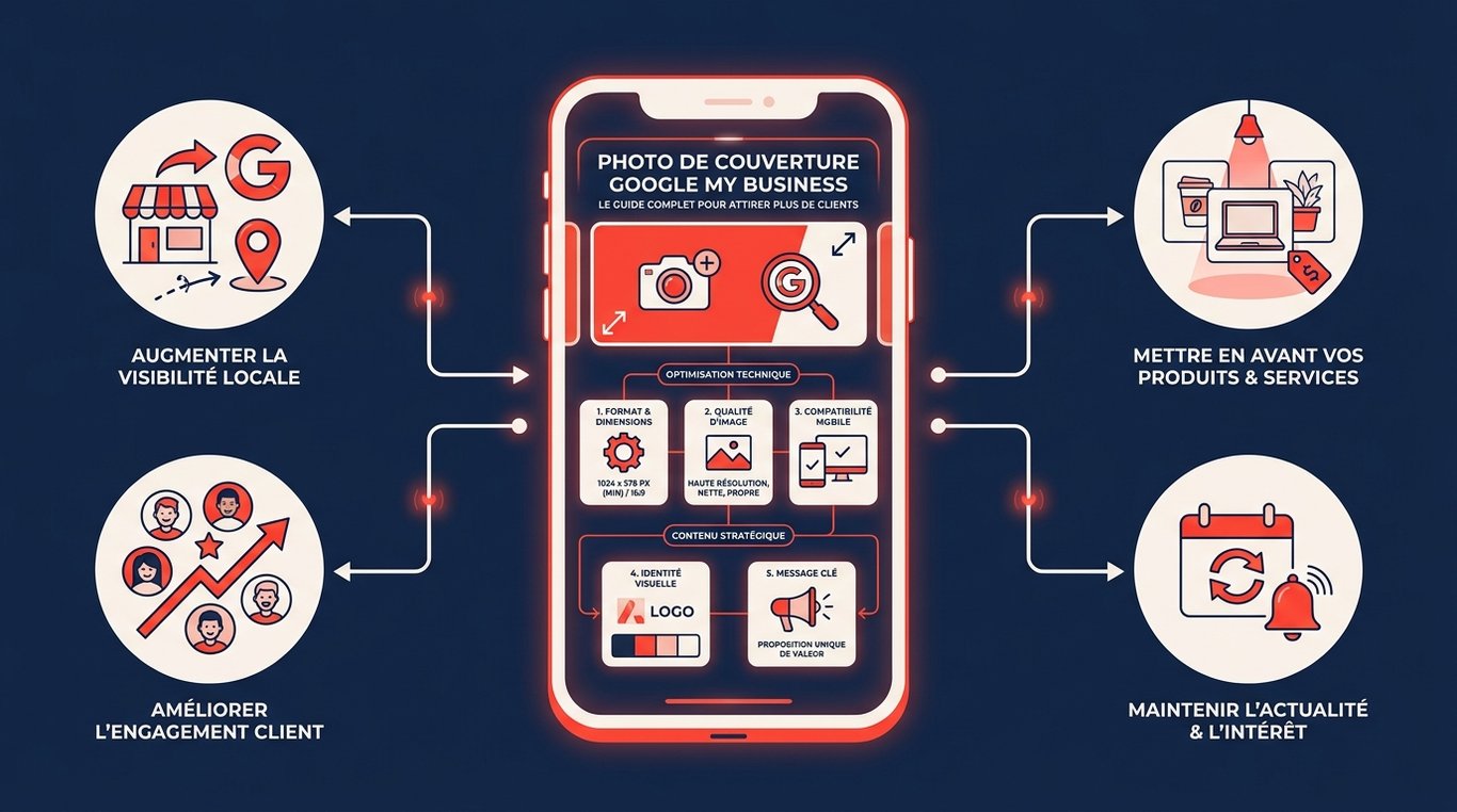 Infographie sur la photo de couverture Google My Business : smartphone central avec critères d'optimisation entouré de 4 bénéfices clés illustrés