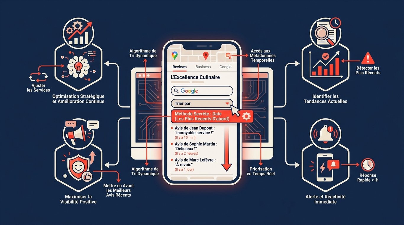 Schéma expliquant le tri des avis Google par date récente : détection des tendances, priorisation en temps réel, réponse rapide et optimisation continue.