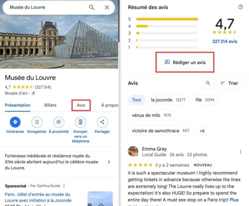 Exemple d'avis sur une fiche ggogle my business