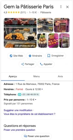 fiche d'établissement sur Google et Google Maps : exemple boulangerie