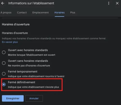 Marquer l'établissement comme Fermé définitivement