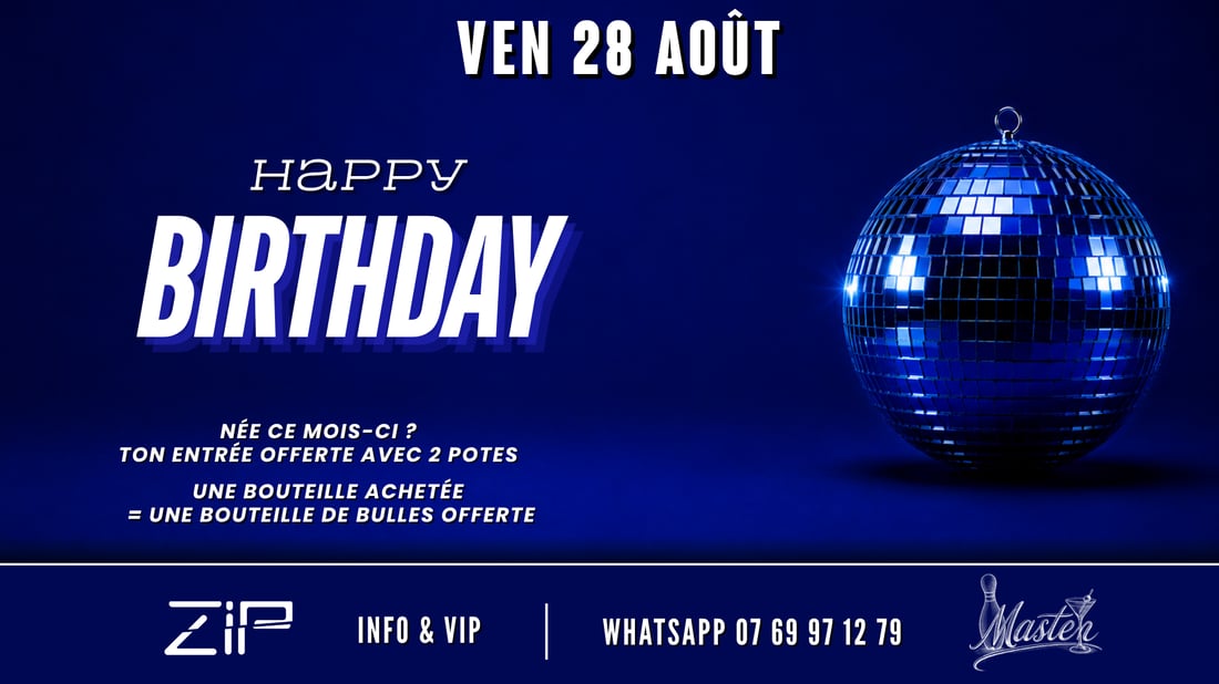 Affiche de la soirée Birthday au Zip Club de Vannes, vendredi 28 août 2026