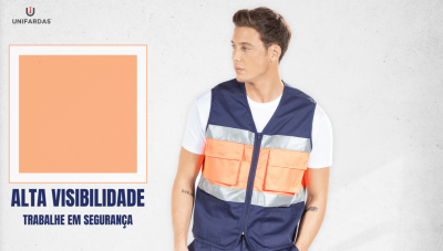 Trabalhador da área da indústria vestido com um colete de alta visibilidade para ser usado como peça de roupa de trabalho fabricado pela Unifardas 