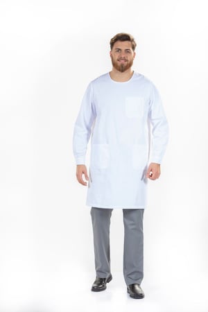 Doctor dressed in a white lab coat and men's work pants for uniform