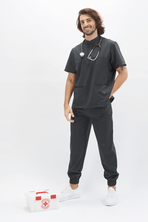 Man dressed in a gray nursing tunic to be used as a health uniform