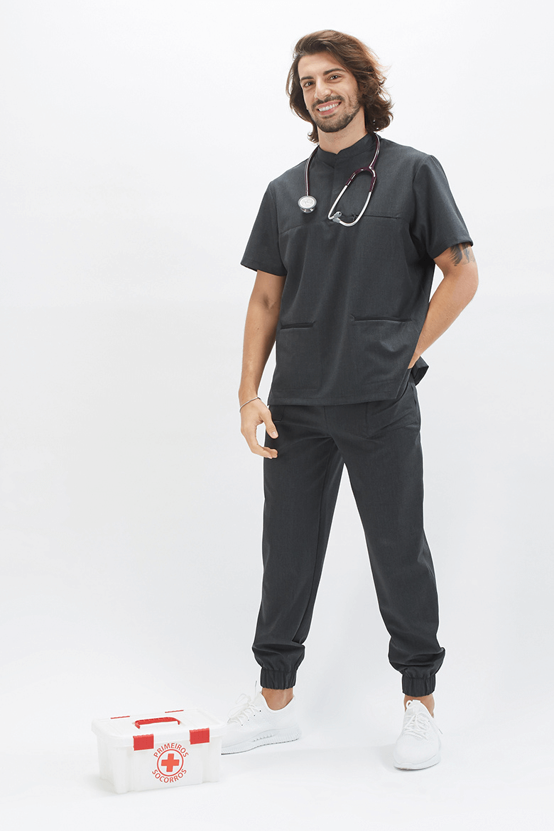 Man dressed in a gray nursing tunic to be used as a health uniform