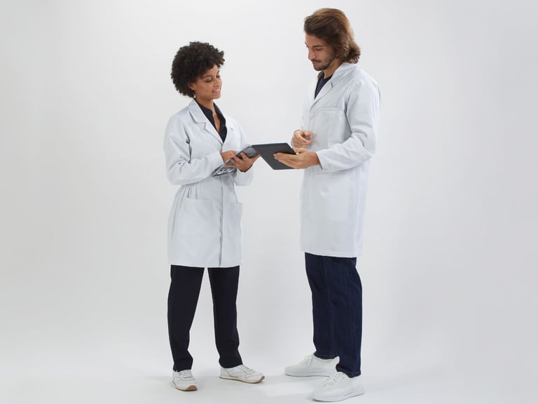 A lady dressed in navy blue pants and a white coat and a man dressed in jeans and a white coat to be used as chemistry lab coats manufactured by Unifardas.