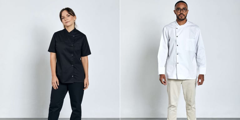 A cook dressed in black pants and a short-sleeved black jacket to be used as a work uniform. Man dressed in white pants and a long-sleeved white jacket to be used as a catering uniform manufactured by Unifardas.