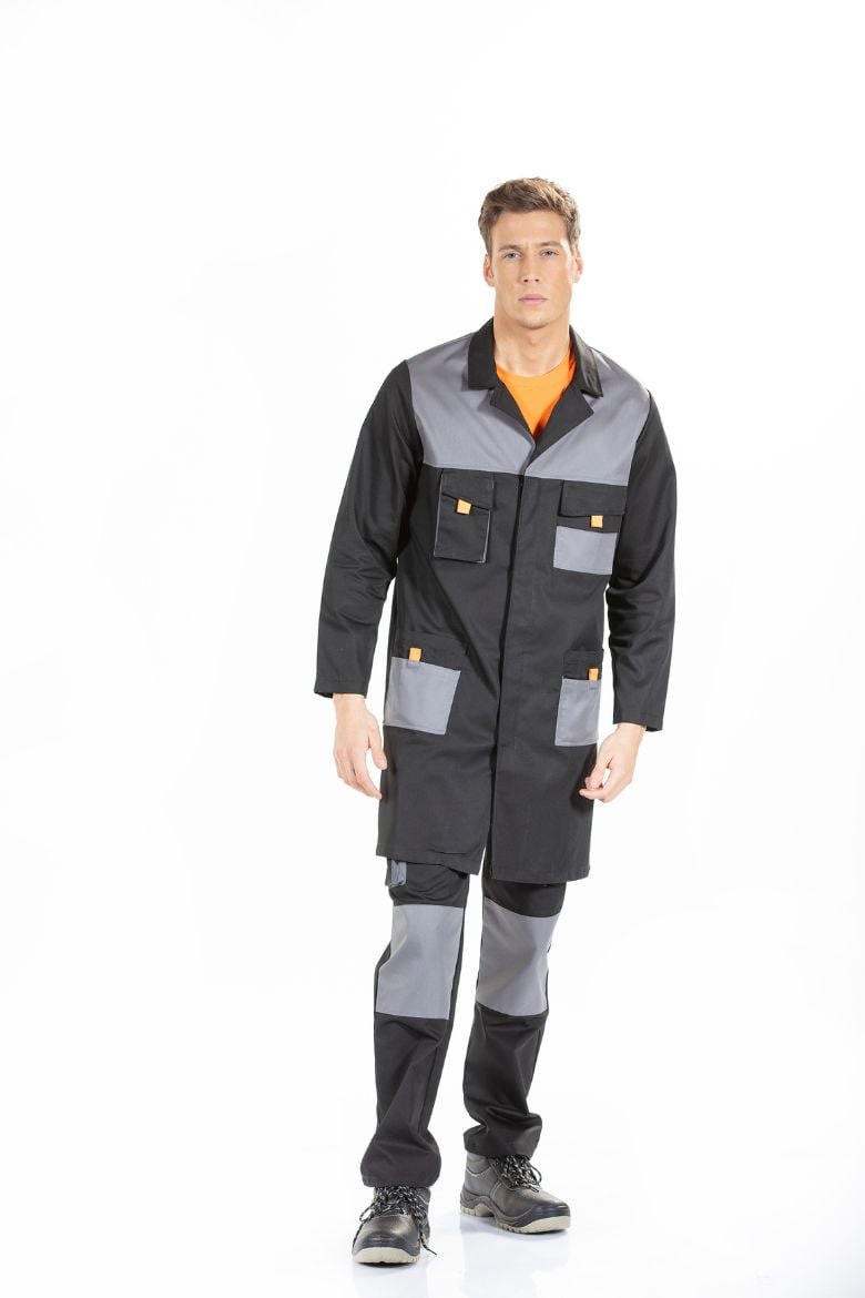 Bata de trabalho masculina com manga comprida e de cor preta com contraste a cinza