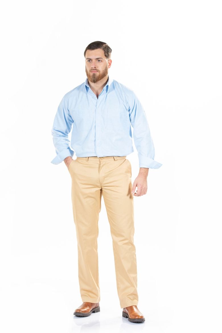 Man dressed in beige work uniform pants to be worn in industrial areas