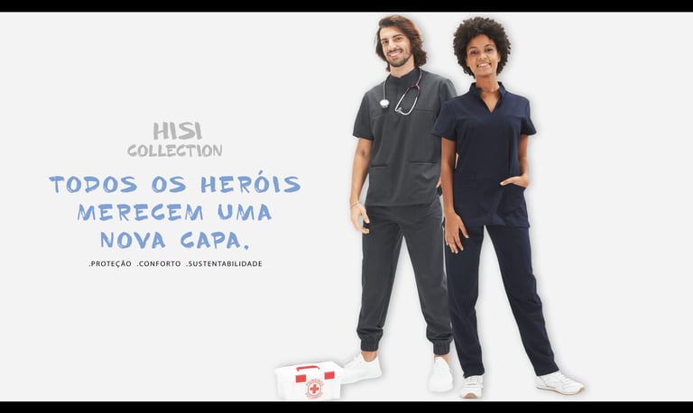 Enfermeiro vestido com um conjunto de túnica e calça cinza e enfermeira vestida com uma túnica e umas calças azuis marinhas para uniforme de trabalho para a área da saúde