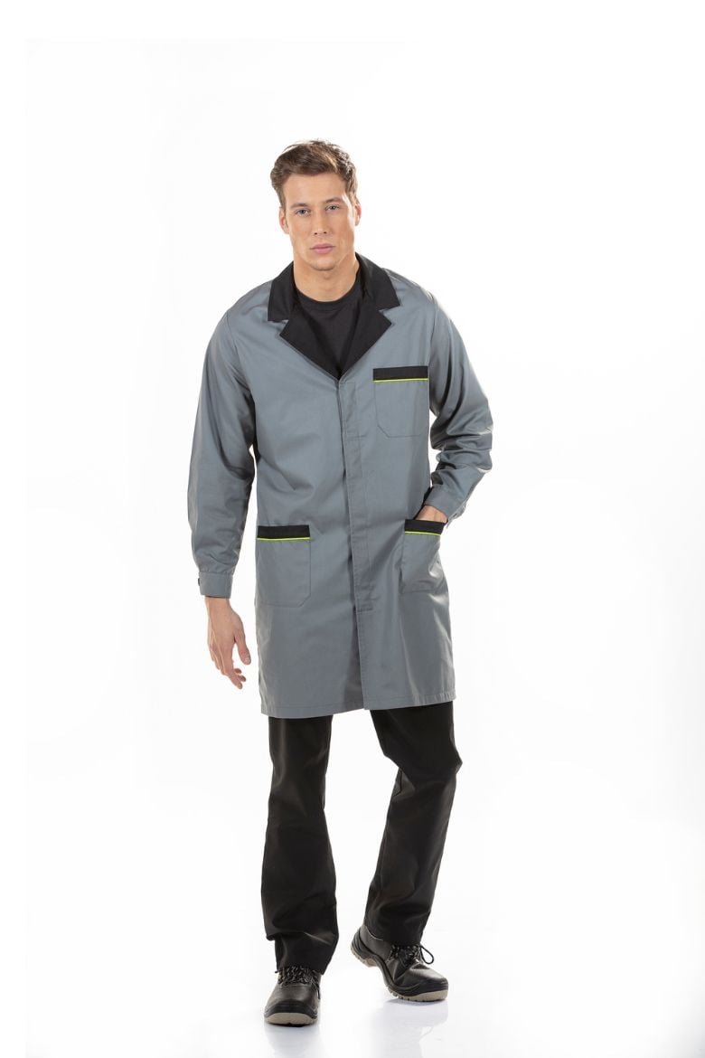 Man wearing an Industrial Coat in gray with black and green contrasts, designed as a work uniform piece