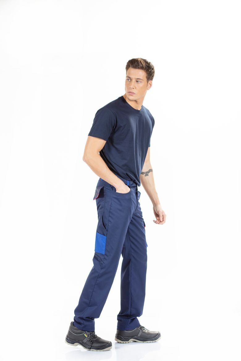 Worker wearing navy blue men's work pants with side pockets