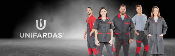 Trabalhadores vestidos com fardas e uniformes para serem usados na indústria e fabricados pela Unifardas 