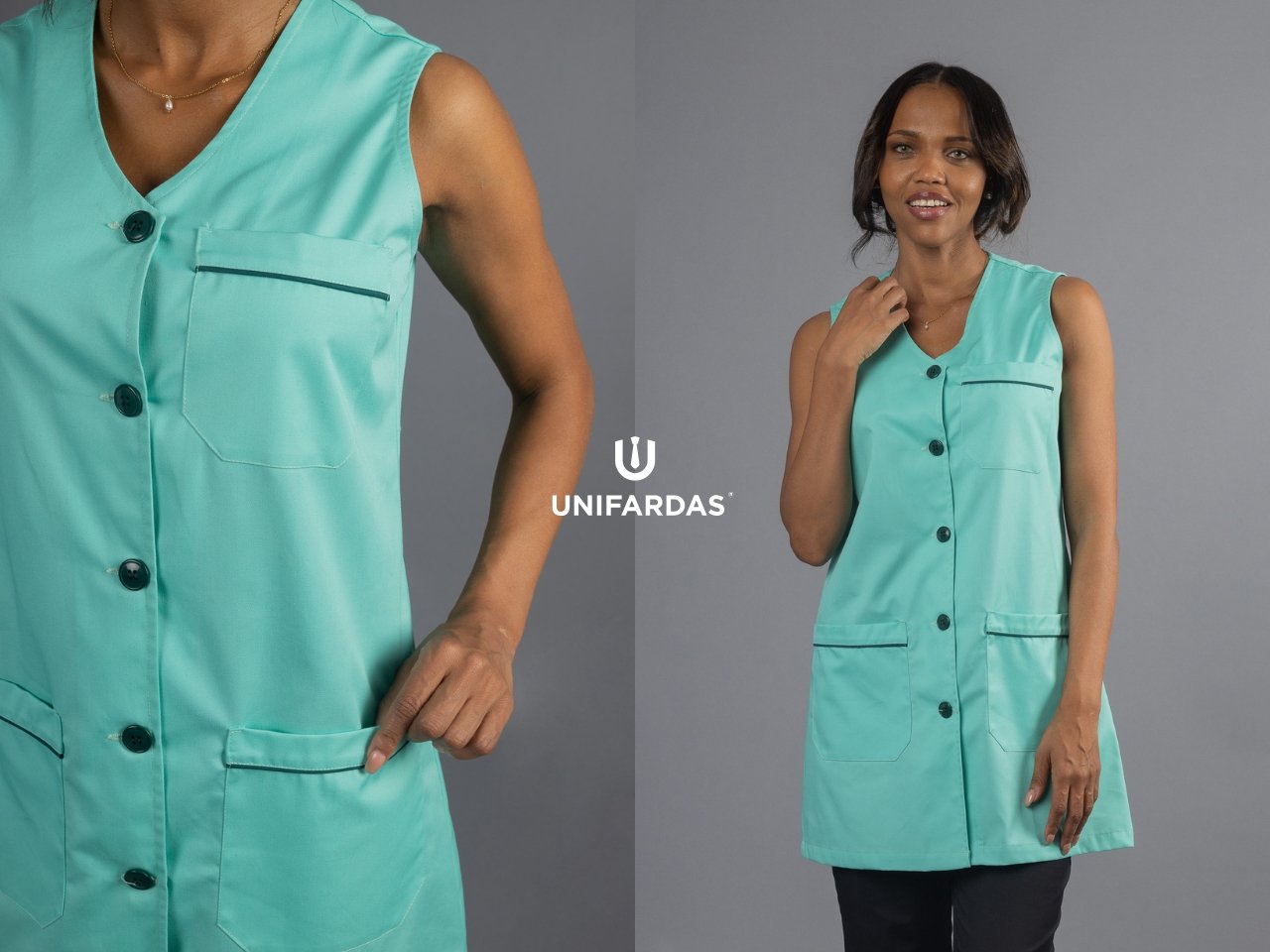 mulher com bata de limpeza verde