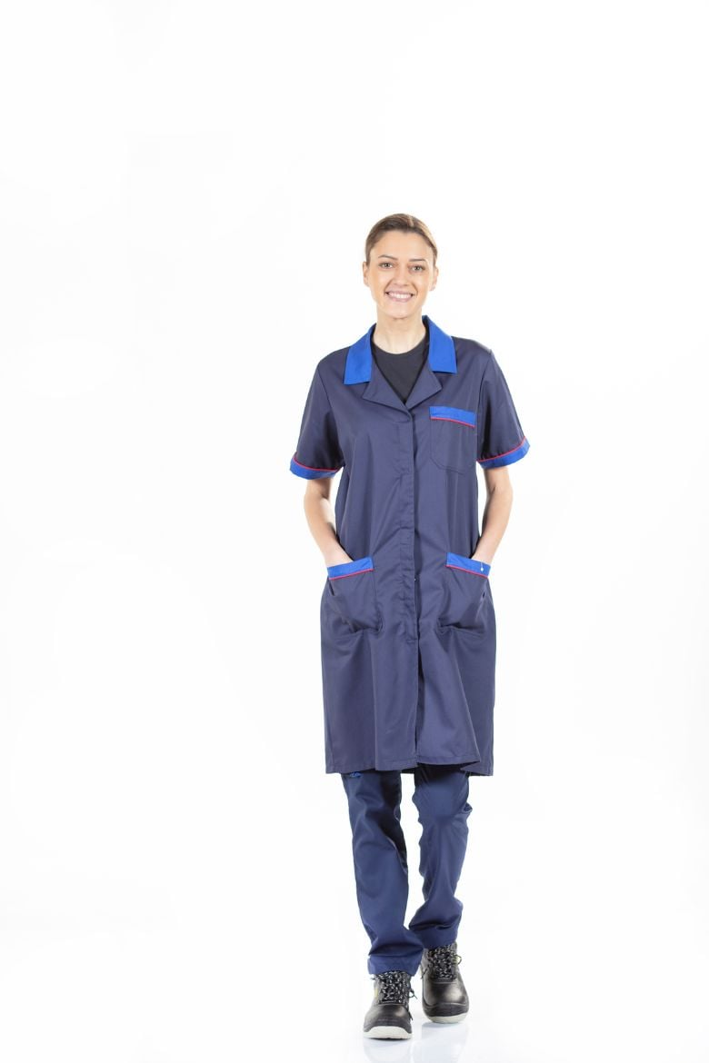 Women's work coat with short sleeves in navy blue, featuring blue and red contrast details.