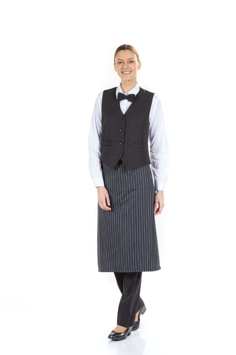 Senhora vestida com um colete para uniforme feminino para ser usado em hotelaria e restauração da Unifardas