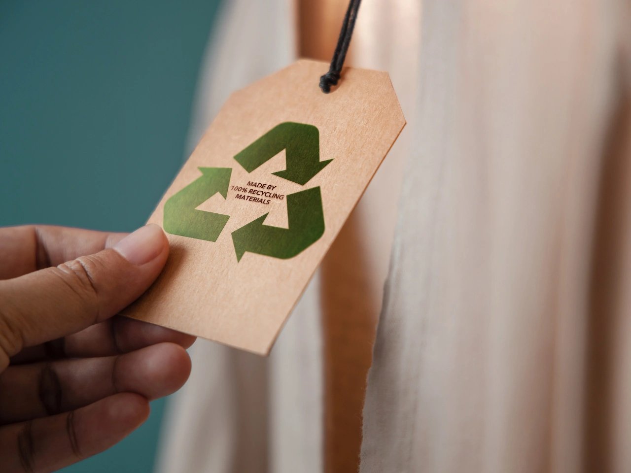 Peça de roupa com etiqueta a indicar que é de tecido reciclado