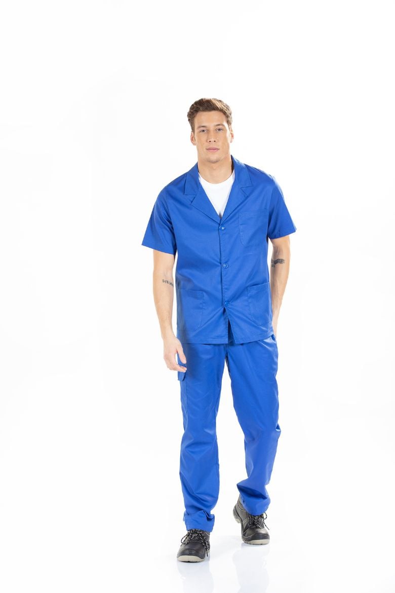 Industrial worker wearing a Men's Short Sleeve Work Jacket in blue, designed to be used as a work uniform.