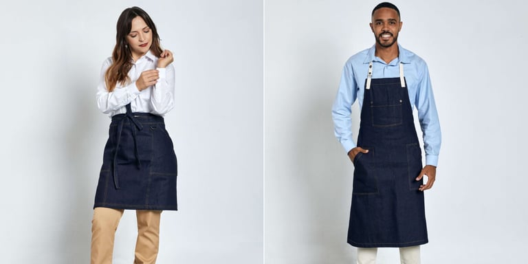 Lady dressed in a white shirt, beige pants and a denim waist apron. A man dressed in white pants, a blue shirt and a denim apron to be used as a uniform for catering.