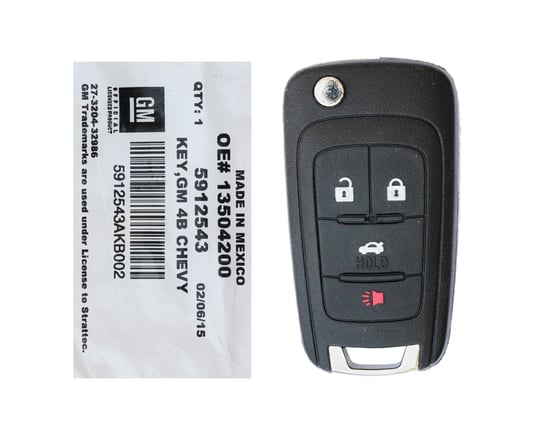 NEW-Chevrolet-Camaro-Camaro-Cruze-Impala-Equinox-Malibu-2010-2017-STARTTEC-Genuine-OEM-Flip-Remote-Key-4-Buttons-315MHz-5912543-Part-#13504200---FCCID:-OHT01060512---Chip:-Philips-ID-46-GM-EXT