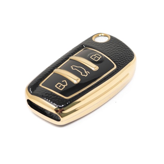 New-Aftermarket-Nano-High-Quality-Gold-Leather-Cover-For-Audi-Flip-Remote-Key-3-Buttons-Black-Color-Audi-C13J---Emirates-Keys