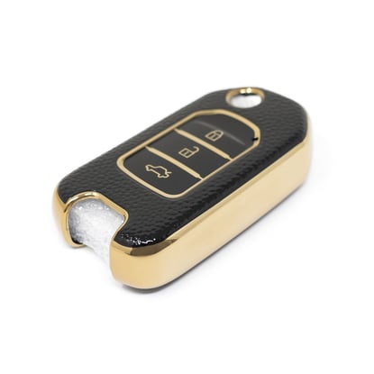 New-Aftermarket-Nano-High-Quality-Gold-Leather-Cover-For-Honda-Flip-Remote-Key-3-Buttons-Black-Color-HD-B13J3---Emirates-Keys