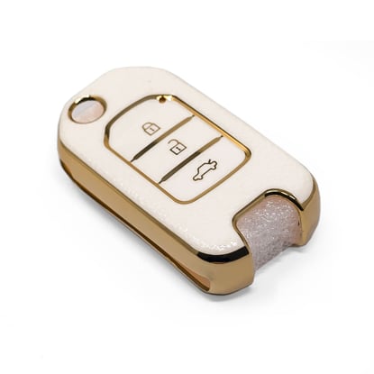 New-Aftermarket-Nano-High-Quality-Gold-Leather-Cover-For-Honda-Flip-Remote-Key-3-Buttons-White-Color-HD-B13J3---Emirates-Keys