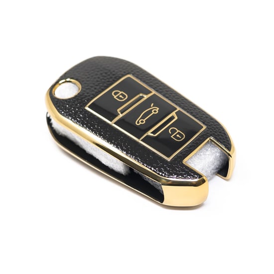 New-Aftermarket-Nano-High-Quality-Gold-Leather-Cover-For-Peugeot-Flip-Remote-Key-3-Buttons-Black-Color-PG-C13J----Emirates-Keys