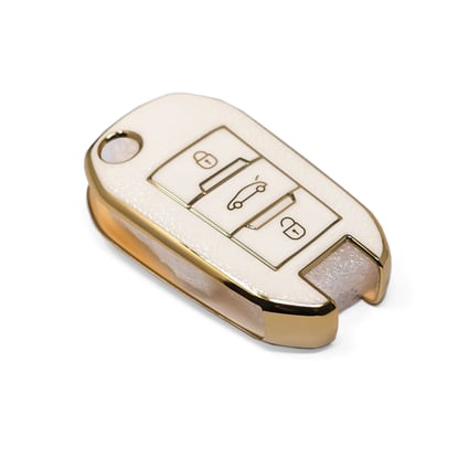 New-Aftermarket-Nano-High-Quality-Gold-Leather-Cover-For-Peugeot-Flip-Remote-Key-3-Buttons-White-Color-PG-C13J----Emirates-Keys
