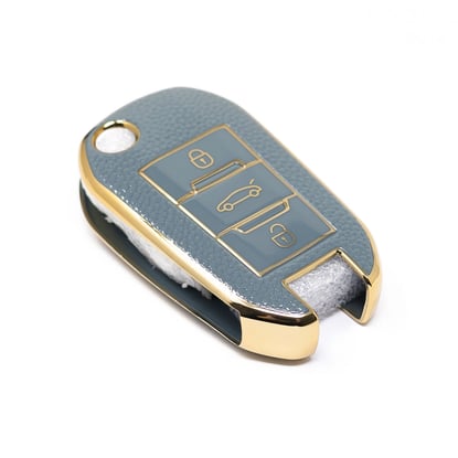 New-Aftermarket-Nano-High-Quality-Gold-Leather-Cover-For-Peugeot-Flip-Remote-Key-3-Buttons-Gray-Color-PG-C13J----Emirates-Keys