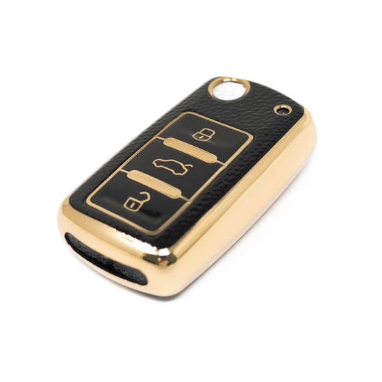 New-Aftermarket-Nano-High-Quality-Gold-Leather-Cover-For-Volkswagen-Flip-Remote-Key-3-Buttons-Black-Color-VW-A13J---Emirates-Keys