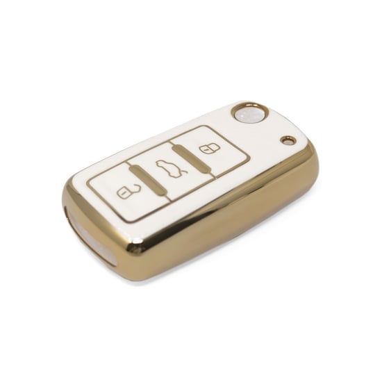 New-Aftermarket-Nano-High-Quality-Gold-Leather-Cover-For-Volkswagen-Flip-Remote-Key-3-Buttons-White-Color-VW-A13J---Emirates-Keys