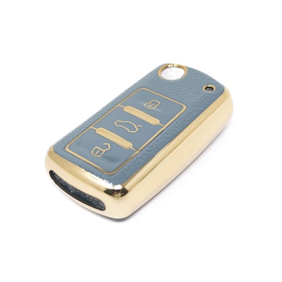 New-Aftermarket-Nano-High-Quality-Gold-Leather-Cover-For-Volkswagen-Flip-Remote-Key-3-Buttons-Gray-Color-VW-A13J---Emirates-Keys