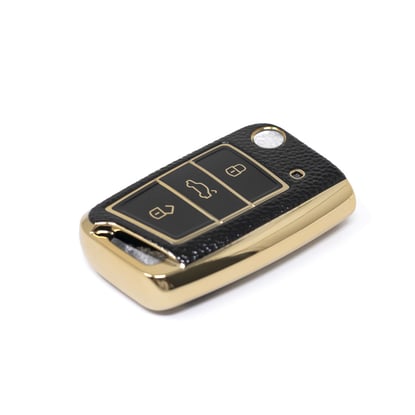 New-Aftermarket-Nano-High-Quality-Gold-Leather-Cover-For-Volkswagen-Flip-Remote-Key-3-Buttons-Black-Color-VW-B13J---Emirates-Keys