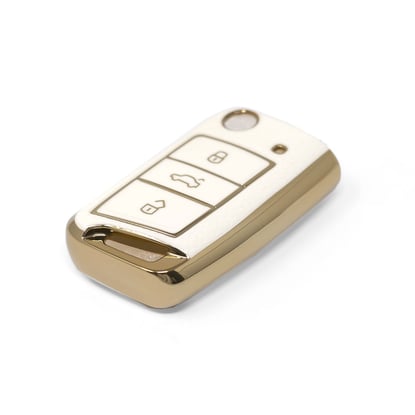 New-Aftermarket-Nano-High-Quality-Gold-Leather-Cover-For-Volkswagen-Flip-Remote-Key-3-Buttons-White-Color-VW-B13J---Emirates-Keys