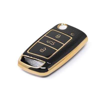 New-Aftermarket-Nano-High-Quality-Gold-Leather-Cover-For-Volkswagen-Flip-Remote-Key-3-Buttons-Black-Color-VW-E13J---Emirates-Keys