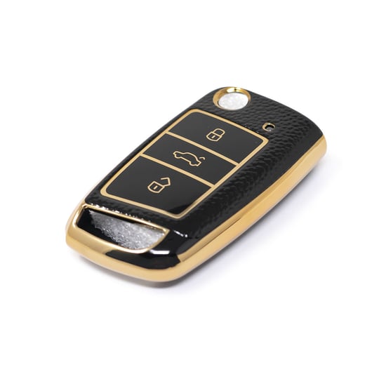 New-Aftermarket-Nano-High-Quality-Gold-Leather-Cover-For-Volkswagen-Flip-Remote-Key-3-Buttons-Black-Color-VW-E13J---Emirates-Keys