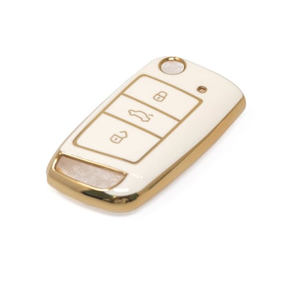 New-Aftermarket-Nano-High-Quality-Gold-Leather-Cover-For-Volkswagen-Flip-Remote-Key-3-Buttons-White-Color-VW-E13J---Emirates-Keys