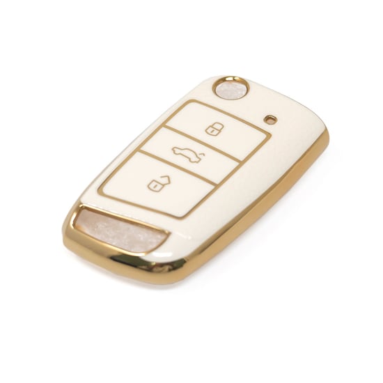 New-Aftermarket-Nano-High-Quality-Gold-Leather-Cover-For-Volkswagen-Flip-Remote-Key-3-Buttons-White-Color-VW-E13J---Emirates-Keys