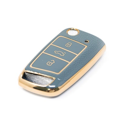 New-Aftermarket-Nano-High-Quality-Gold-Leather-Cover-For-Volkswagen-Flip-Remote-Key-3-Buttons-Gray-Color-VW-E13J---Emirates-Keys